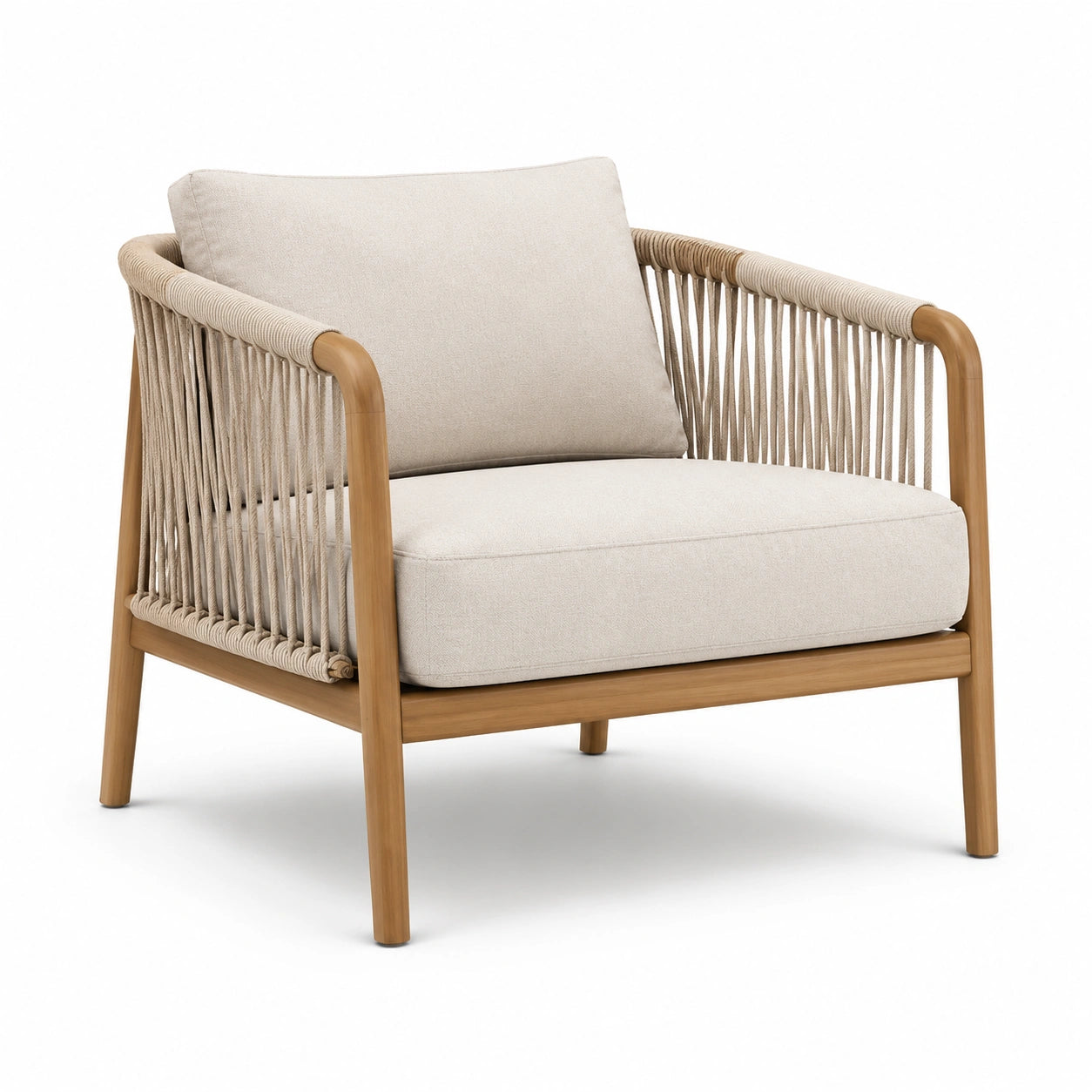 Poltrona da giardino in legno e corda con cuscini beige