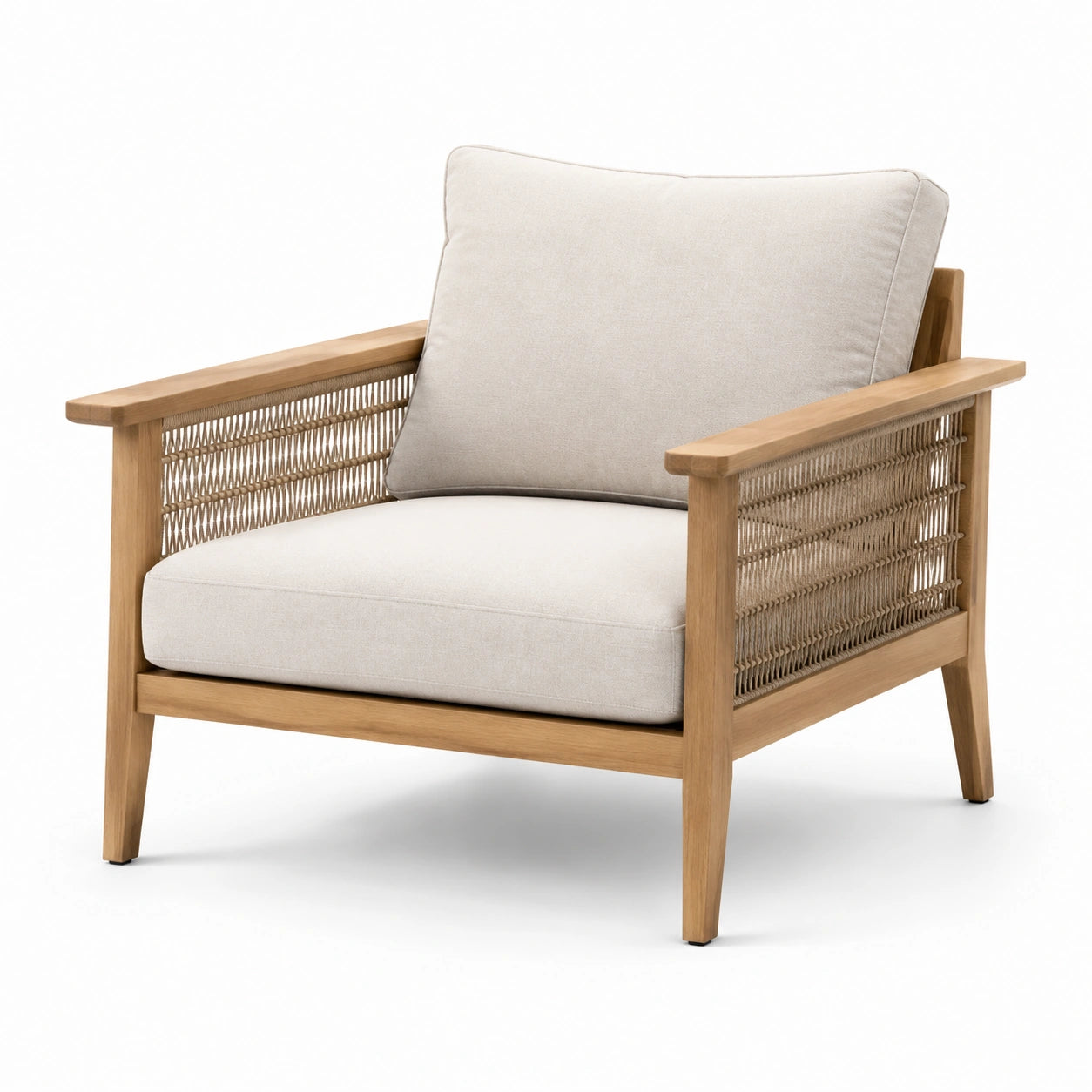 Poltrona in legno di teak e corda intrecciata crema