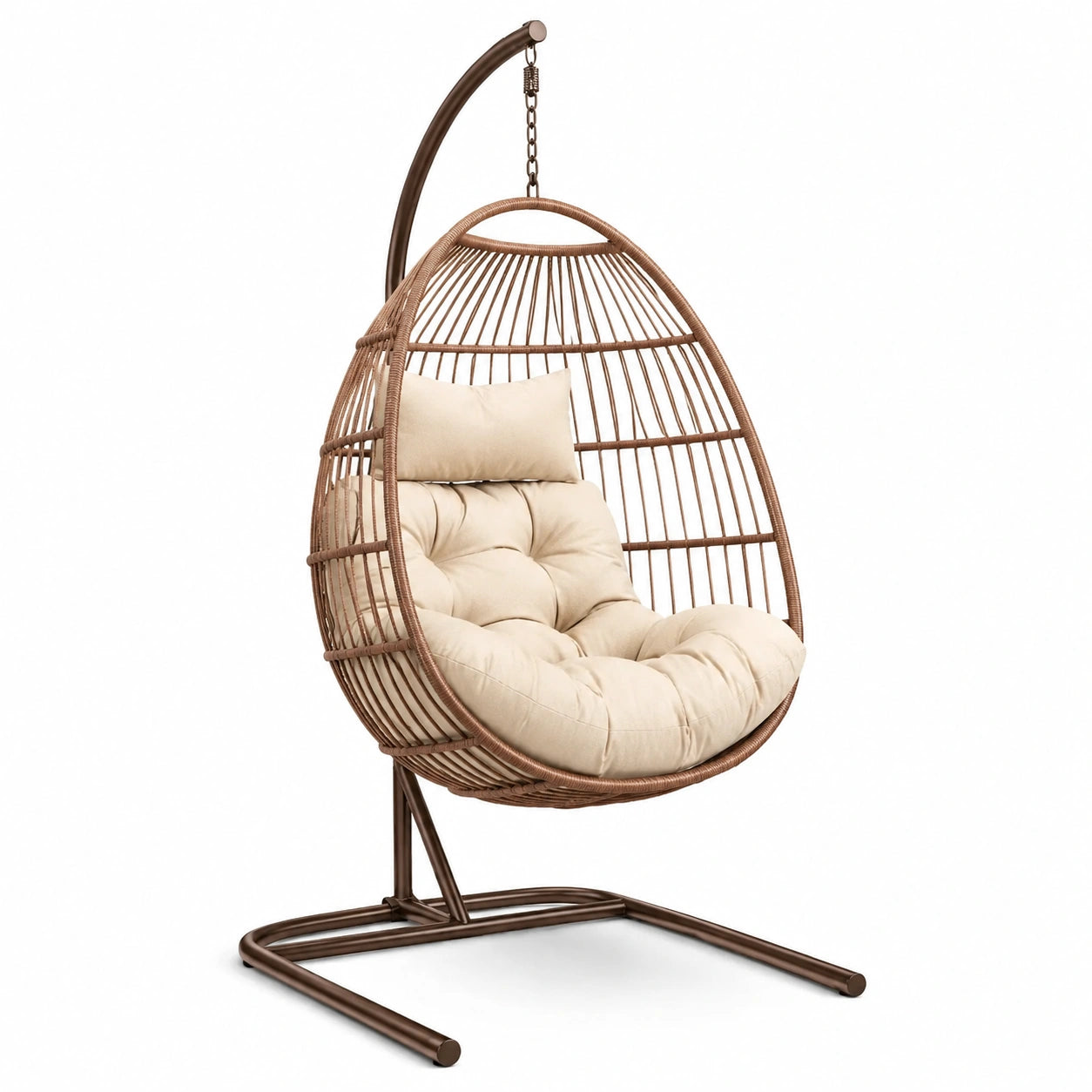 Sedia sospesa in rattan marrone con cuscino beige