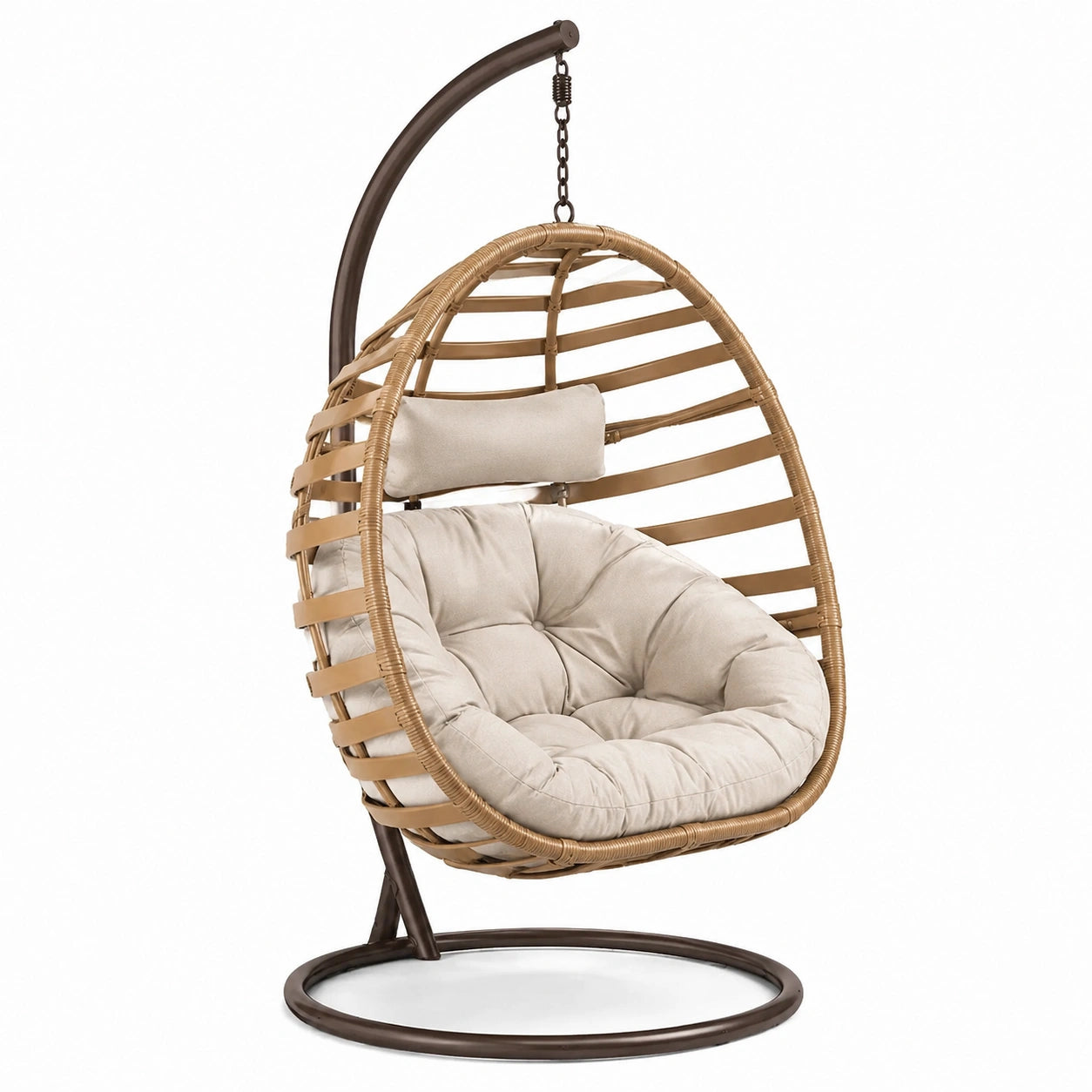 Sedia a dondolo sospesa in rattan e acciaio con cuscino beige
