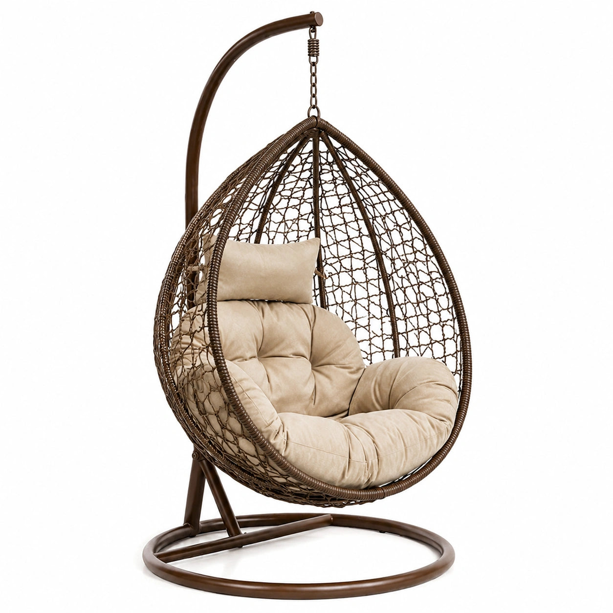 Poltrona sospesa in rattan e acciaio con cuscino beige