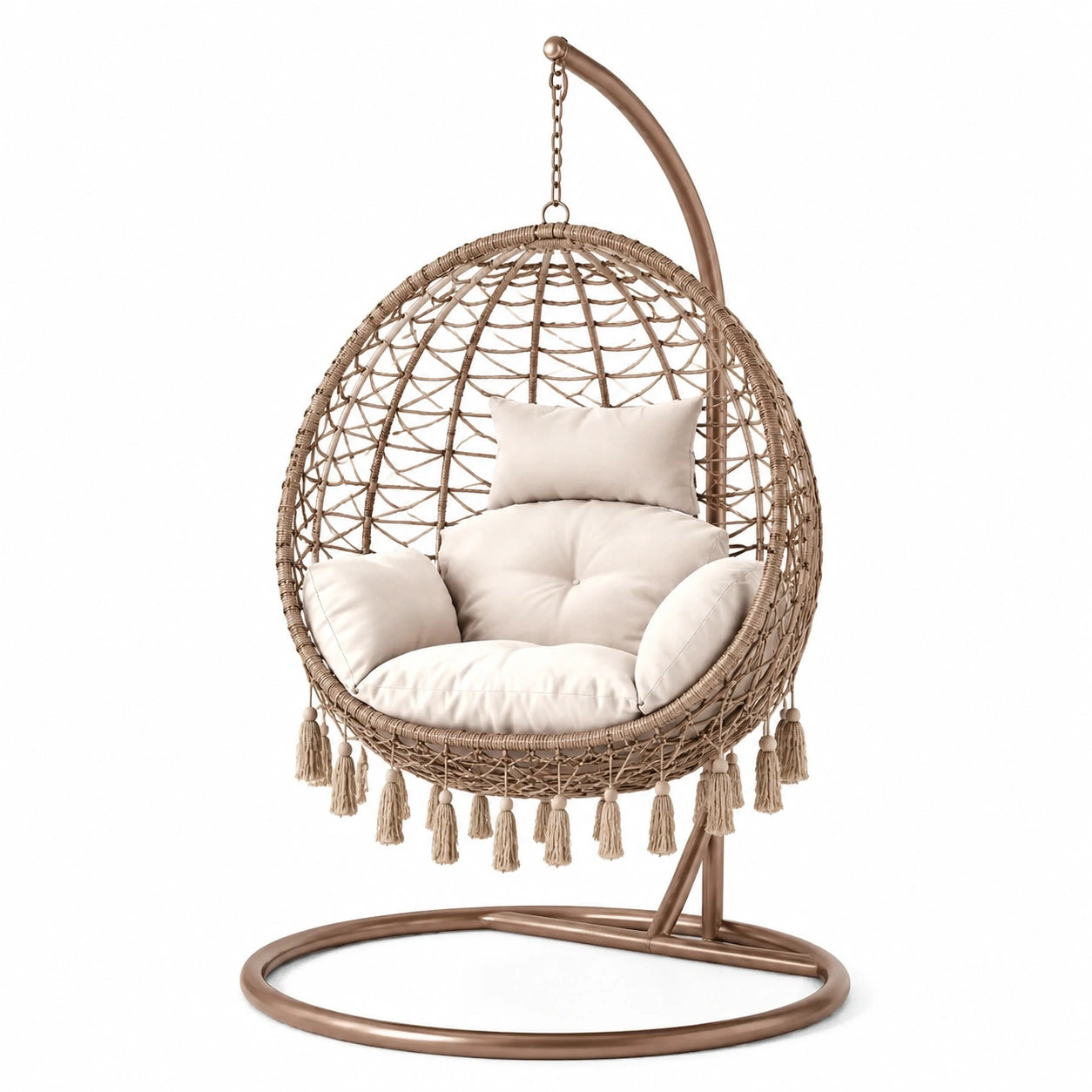 Sedia sospesa in rattan e acciaio con cuscini in poliestere beige