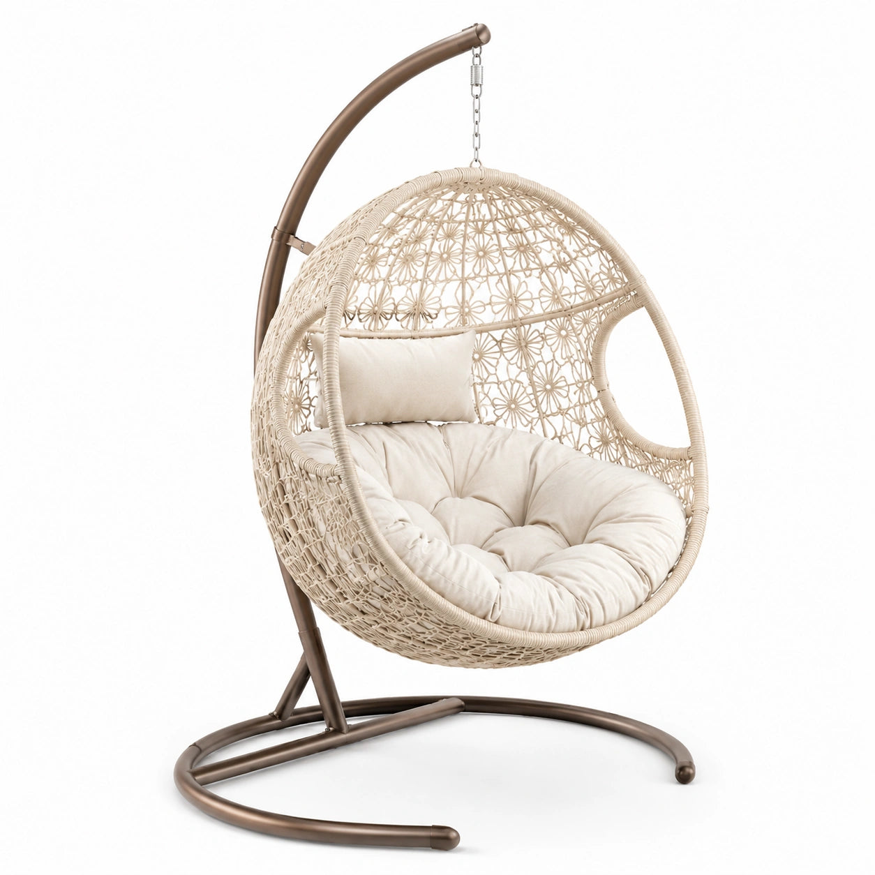 Sedia pensile in rattan con struttura in acciaio e cuscino beige