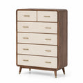 Cassettiera in Legno di Noce e Tessuto Beige con Maniglie Dorate