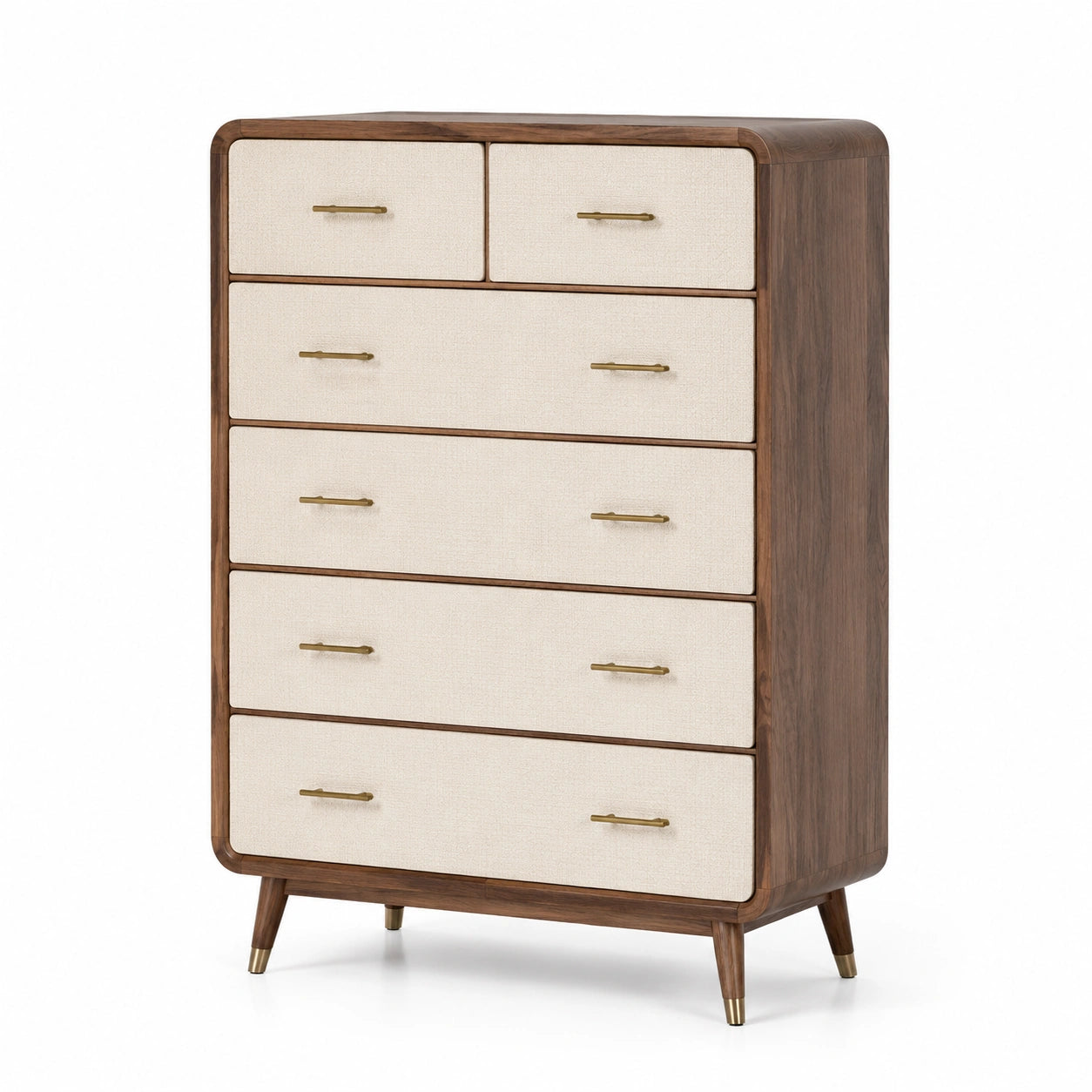 Cassettiera in Legno di Noce e Tessuto Beige con Maniglie Dorate