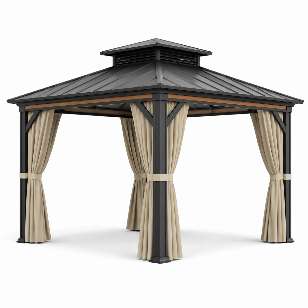 Gazebo da Esterno in Metallo con Tetto Ventilato e Tende in Poliestere