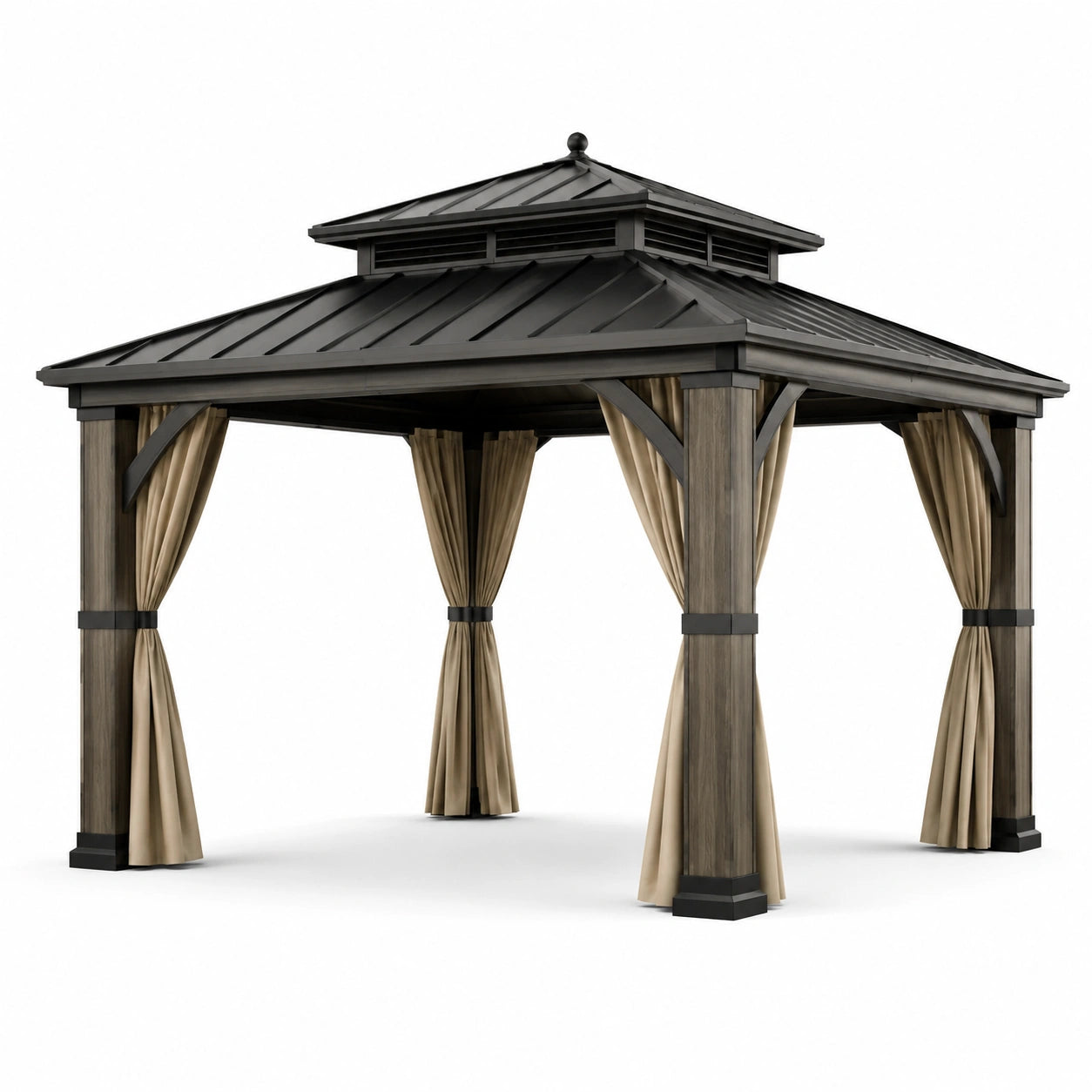 Gazebo in metallo e legno con tende in poliestere beige