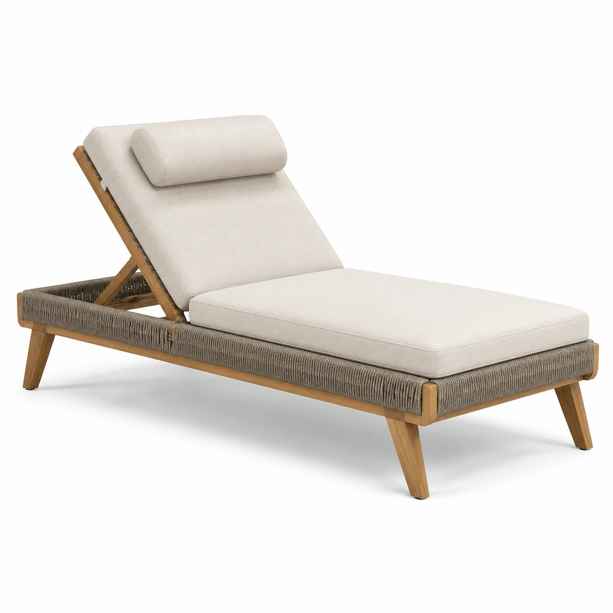 Lettino prendisole in teak e corda sintetica beige con cuscino