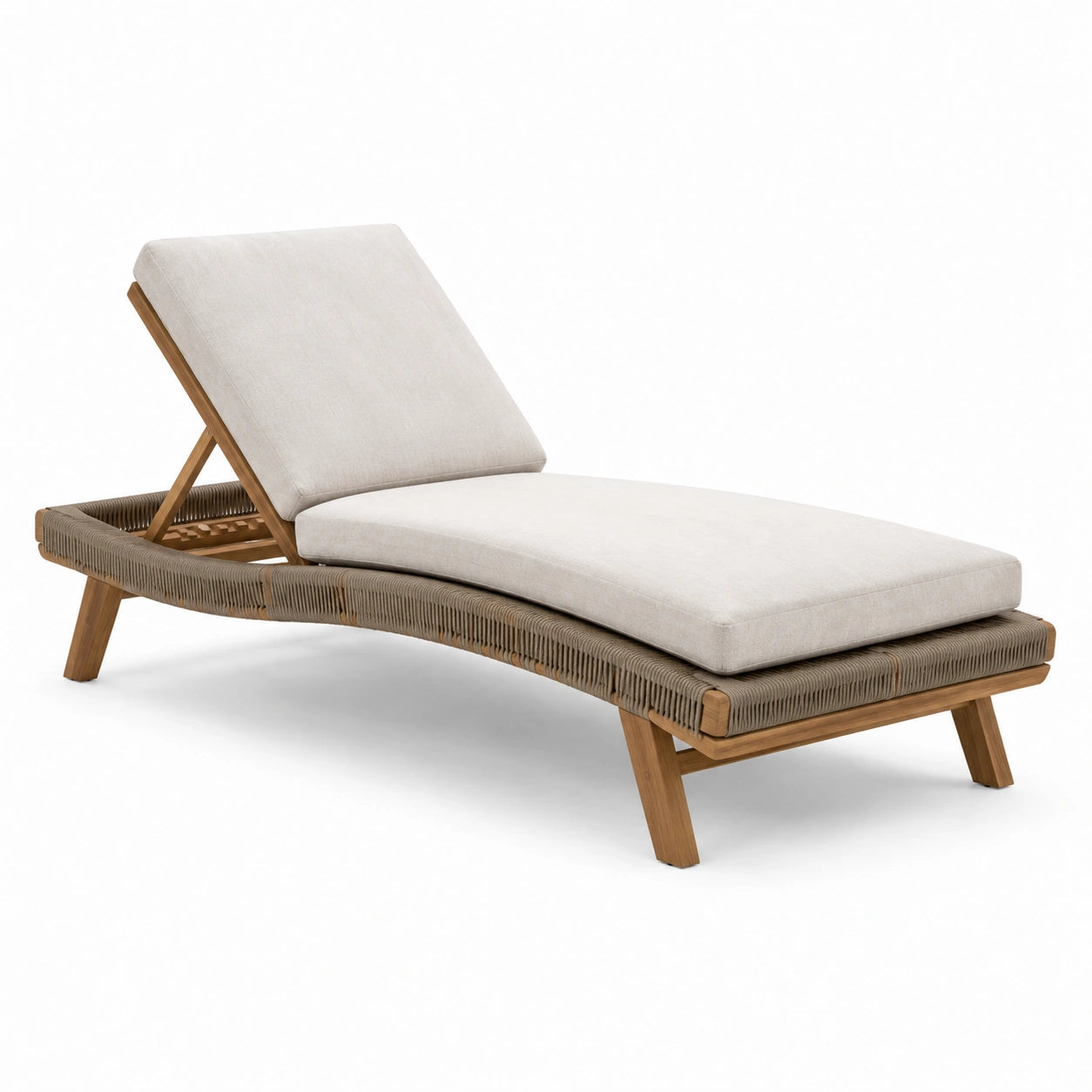 Lettino in legno di teak con cuscini in poliestere beige