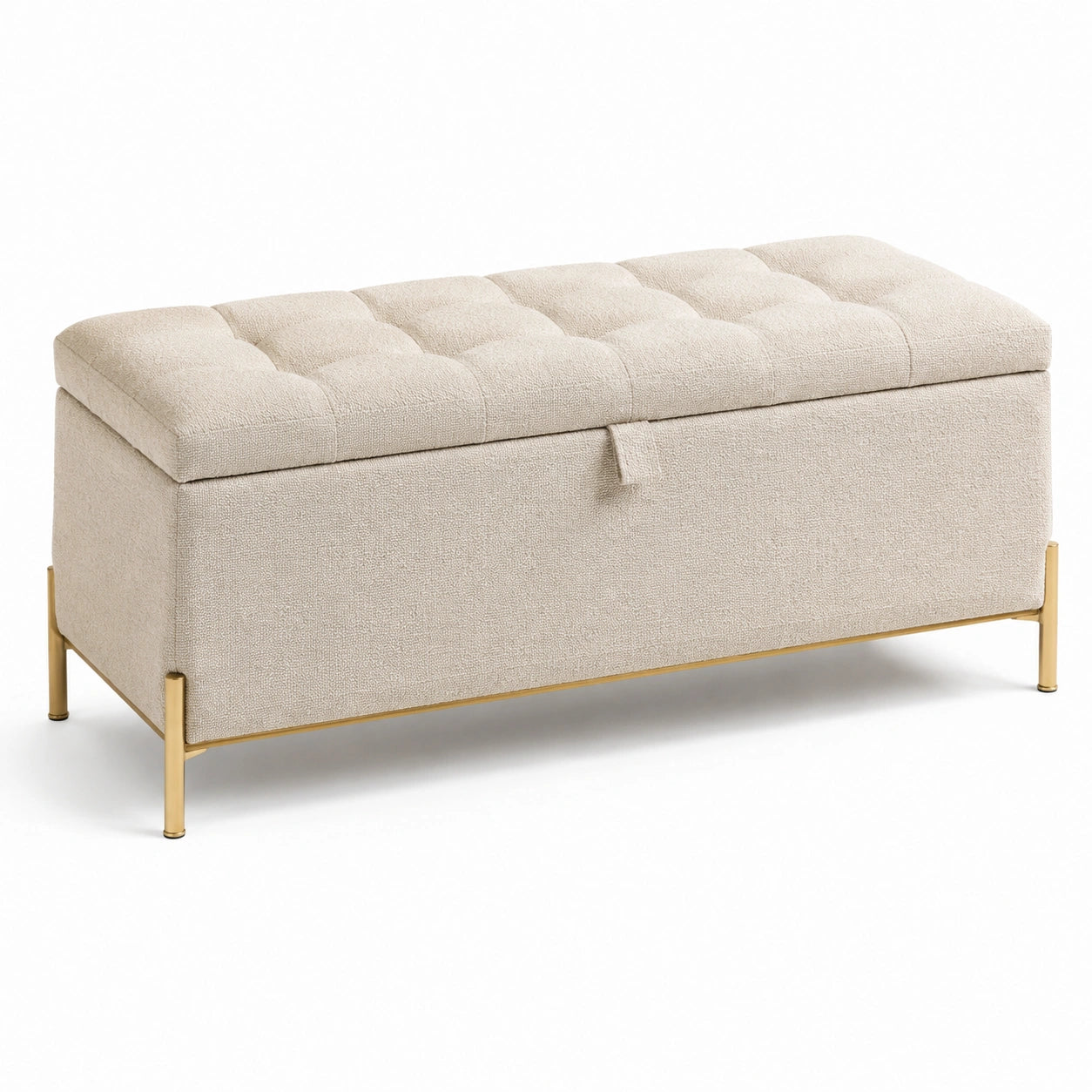Cassapanca in tessuto beige con gambe in metallo dorato