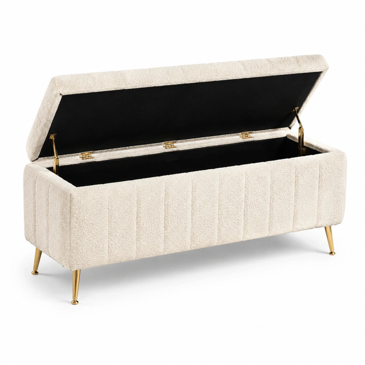 Panca contenitore in tessuto bouclé beige con gambe in metallo dorato
